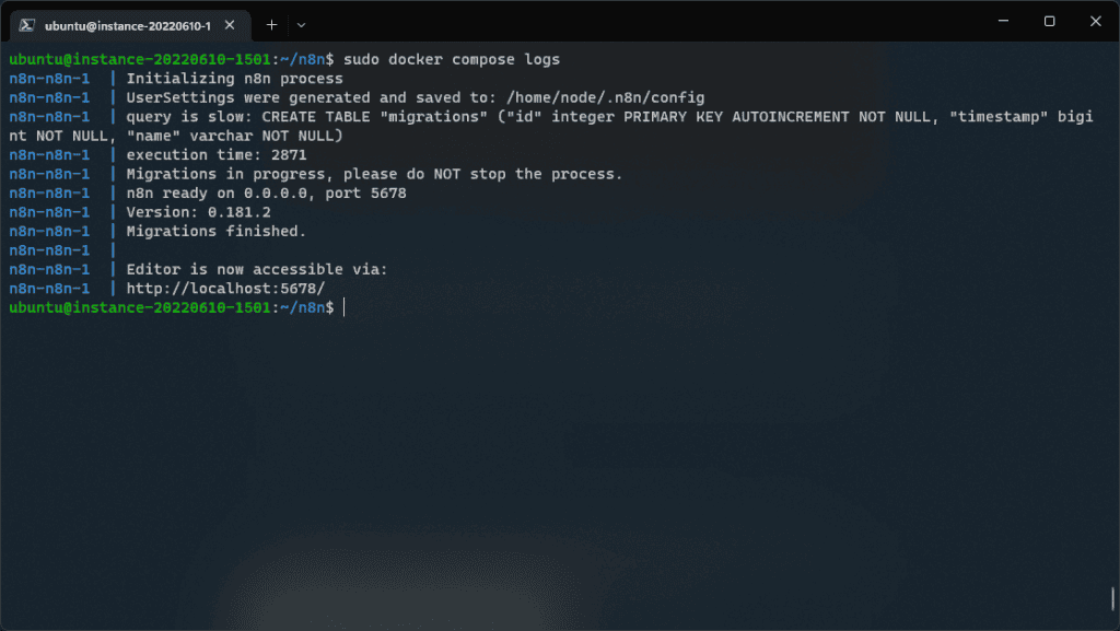 The output of sudo docker compose logs after starting n8n
