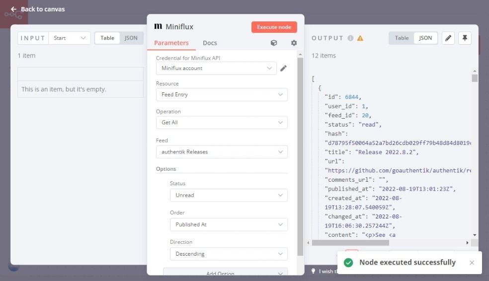 JSON output of the Miniflux node