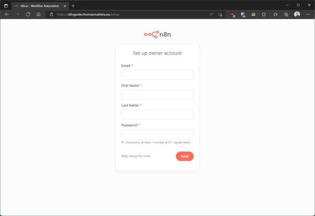 n8n’s setup screen