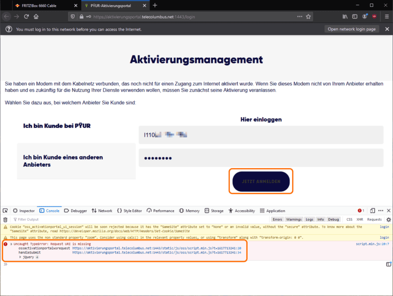 JavaScript-Fehlermeldungen im Modem-Aktivierungsportal von Pÿur