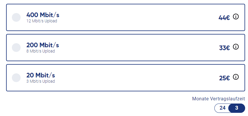 Pÿur-Angebote an meiner Anschrift: 20 MBit/s für 25 €, 400 MBit/s für 44 € monatlich