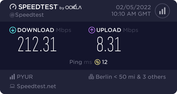 Speedtest-Ergebnisse via Pÿur vom 02.05.2022