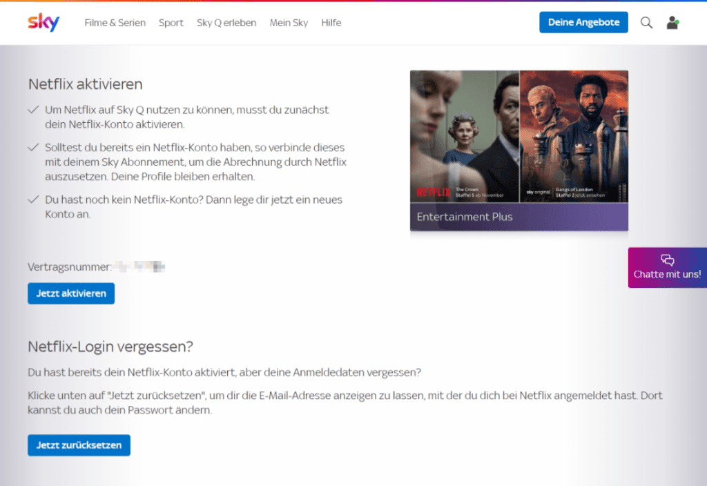 Netflix bei Sky: Fehler "Vertragsdaten nicht verfügbar"