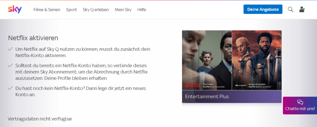 Fehlermeldung "Vertragsdaten nicht verfügbar" auf der Sky-Webseite