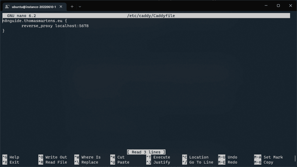 Caddyfile open in the nano editor