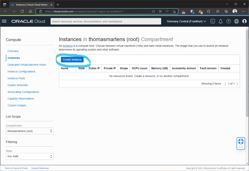 Creating a new compute instance on Oracle Cloud